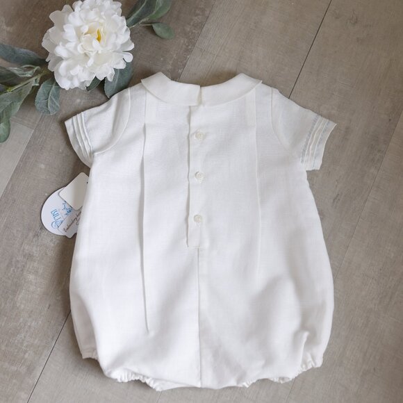 Ivory LINEN Romper Boys Boutique Pin Tuck Hand-Embroidery Portrait NWT - Picture 5 of 6
